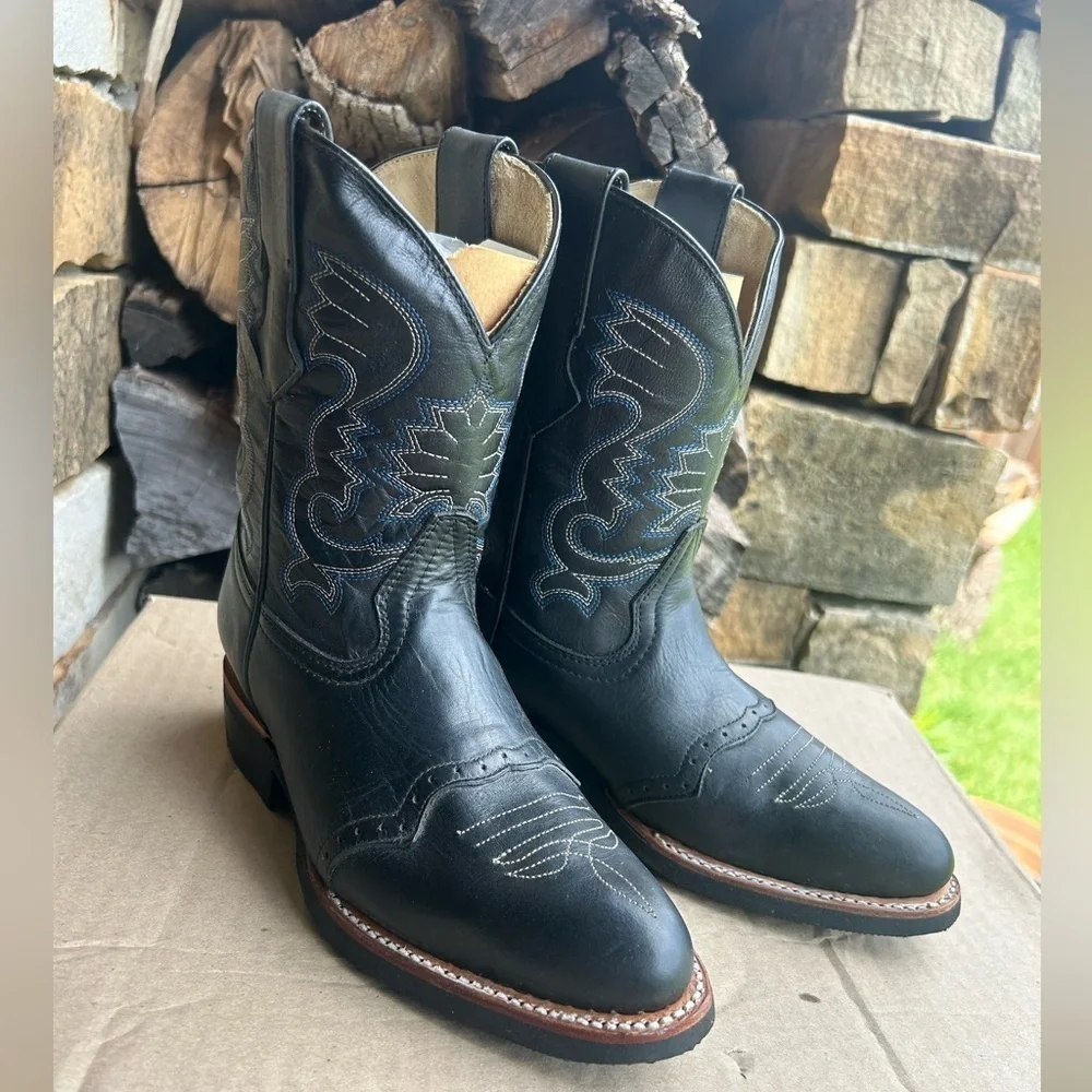 Cowboy kids black leather western Rodeo boots NWB Sz-21 (US‎ 2) locBB
